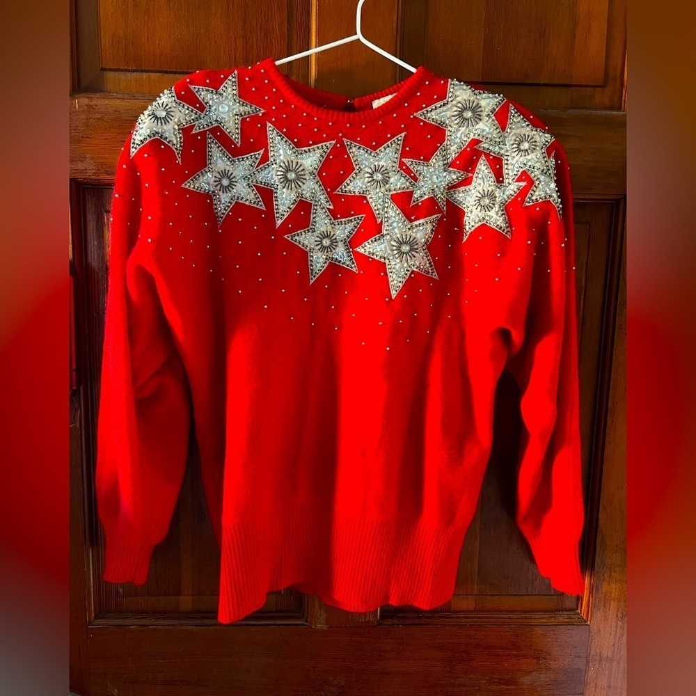 Vintage Caché Red Star Sequin Sweater 80s Lambswool Angora Knit, Beaded Size L